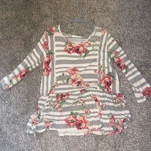 L Entro pink, green floral with white & gray stripes